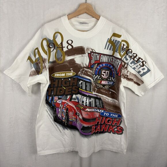Vintage Chase Authentics 1998 All Over Print 50th Anniversary NASCAR T-shirt XL - Picture 1 of 7